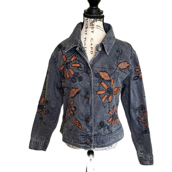 Christopher & Banks boho denim floral Embroidered Jean Jacket Womens Medium EUC - Picture 2 of 8